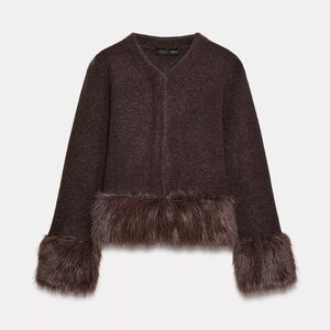 Zara FAUX FUR TRIM KNIT CARDIGAN